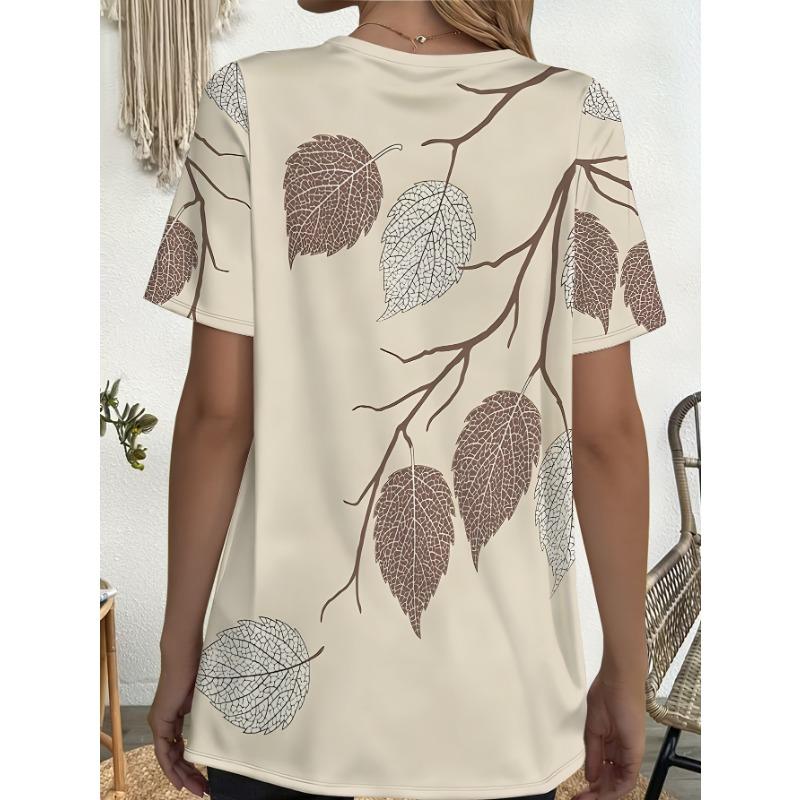Women's Plus Size T-Shirts with Pockets, 1-Pack Printed Autumn Leaves Pattern, Pockets