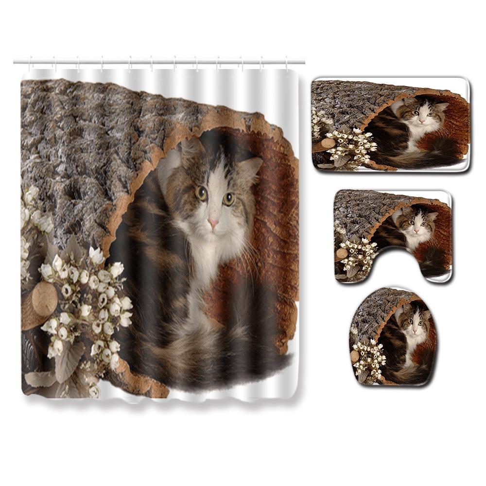 Healing Tree Hole Bathroom Shower Curtain Floor Mat Toilet Cover Foot Mat Four-Piece Set