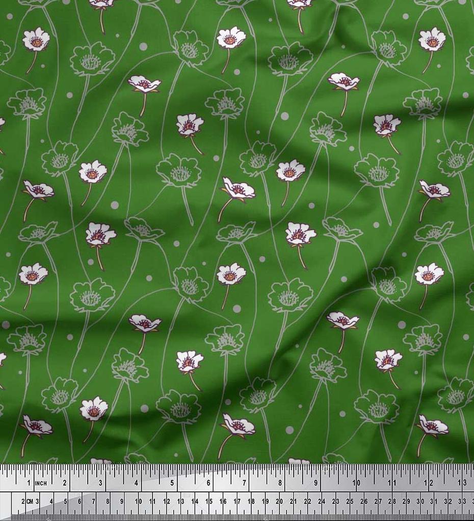 Soimoi Black Poly Crepe Fabric Dot|Leaves & Floral Artistic Decor Fabric Printed BTY 42 Inch