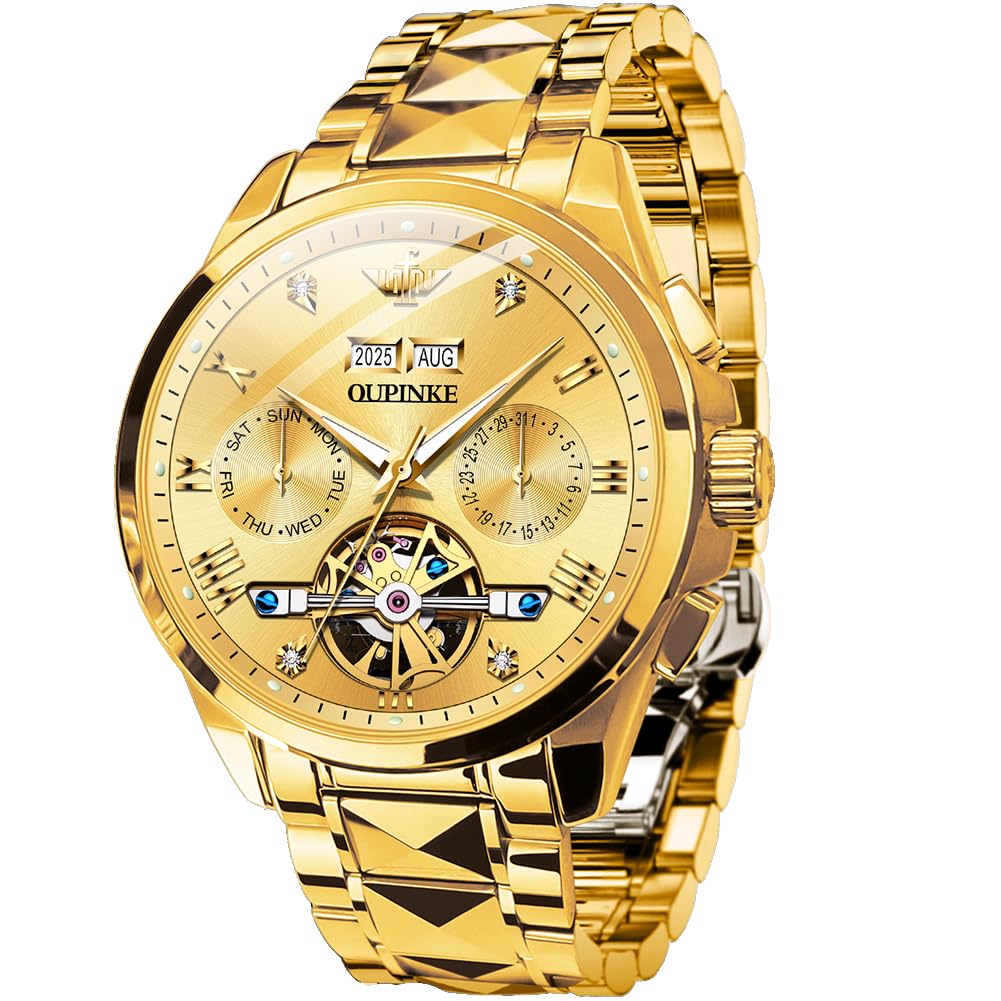 Gold Automatic Watch Luxurious Gentleman Skeleton Tungsten Sapphire 5 ATM Water Resistant Date Luminous Day of the Week Men's