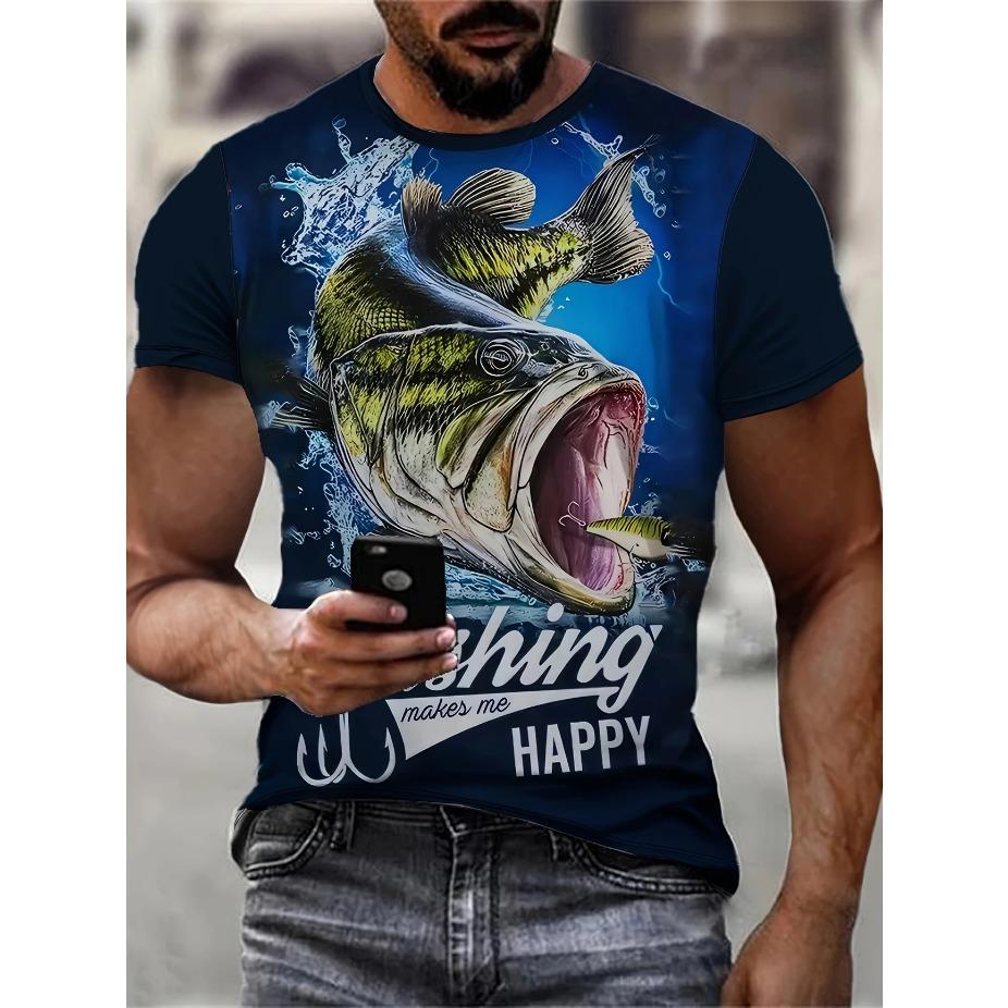 Мужская яркая футболка с принтом рыбы - Дышащая, слегка тянущаяся полиэстеровая футболка с круглым вырезом для улицы, идеально подходит для лета