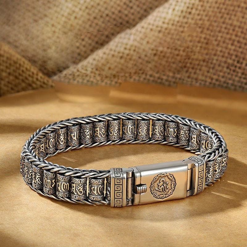Браслет-мантра из шести символов паспарту для мужчин, нишевый дизайн, ручная работа, креативный ретро-серебряный легкий роскошный браслет для женщин