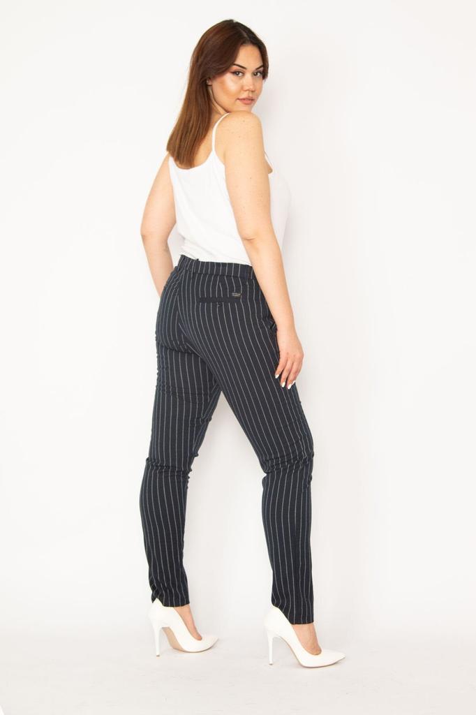 Women's Style Plus Size Pants Big Size Navy Blue Striped Classic Trousers With Side And Back Flap Pockets