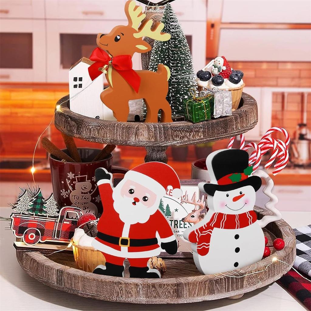 Christmas Tiered Tray Decor, Rustic Farm-House Wooden Signs Decorations For Kitchen Home Table Party Supplies, Tray Not Include