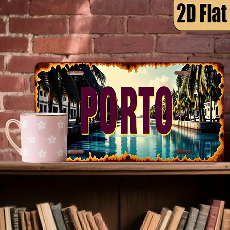 D Flat Printing Vintage Distressed PORTO with Tropical Canal Palm Tree Scenery Aluminum Tin Painting License Plate Style P