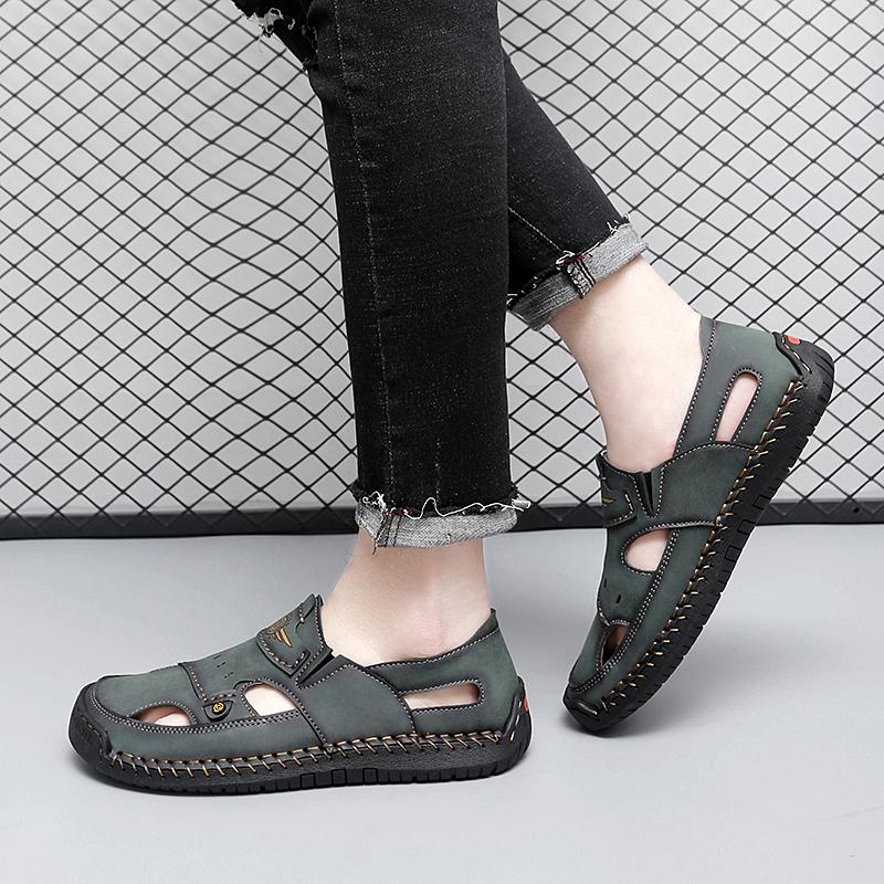 39-48 Летние мужские кожаные пляжные сандалии ручной работы Мужские сандалии с закрытым носком Сандалии большого размера