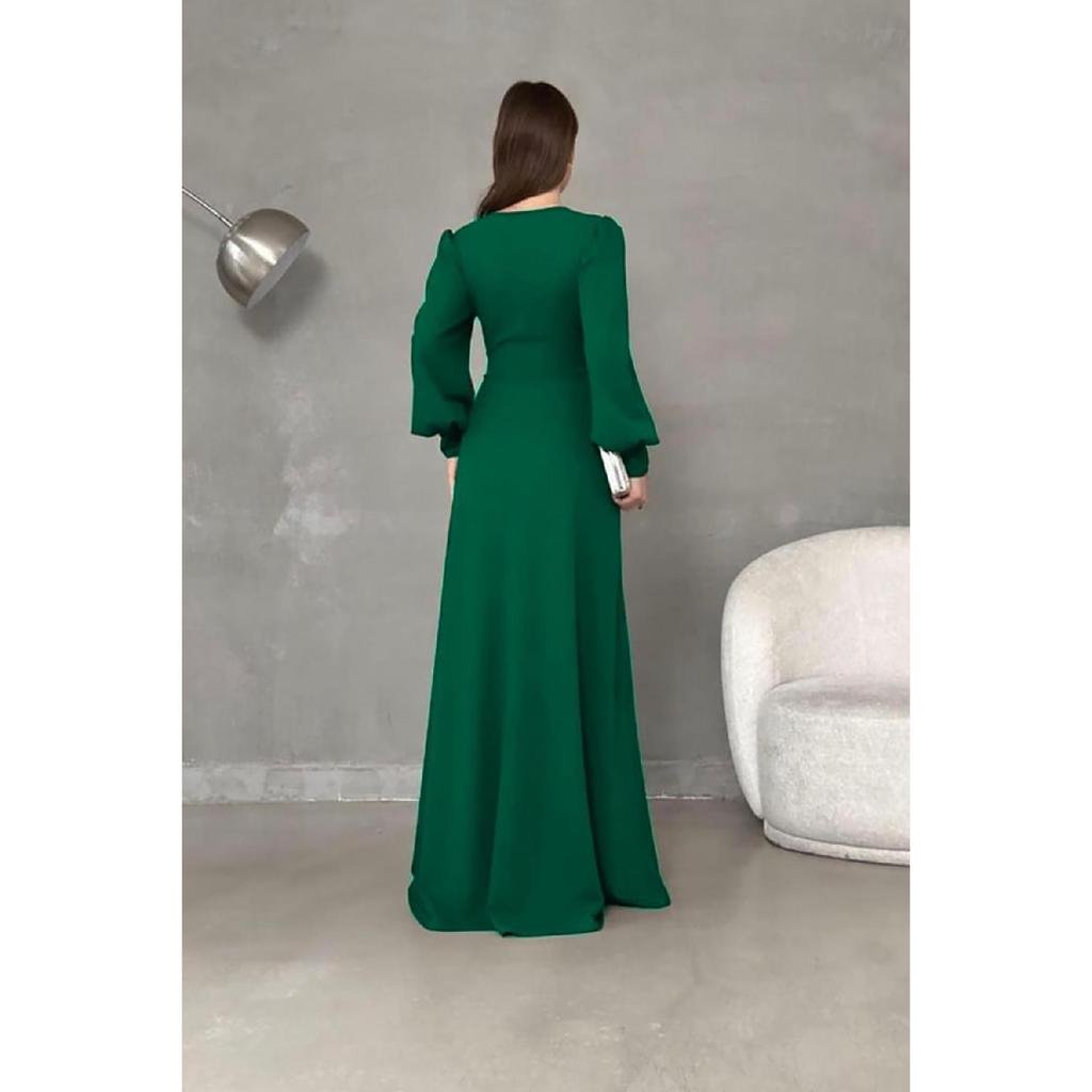 Black Crepe Fabric Front Knot Detail Maxi Length Long Sleeve Double Slit Dress