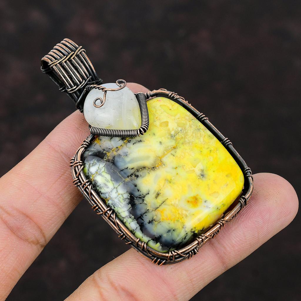 Желтый Дендрит Опал Медный Кулон Медная Проволока Обернутая Ювелирные Изделия Драгоценных Камней Радужный Кулон Лунного Камня Подвеска Ручной Работы Дизайнерские Медные Ювелирные Изделия