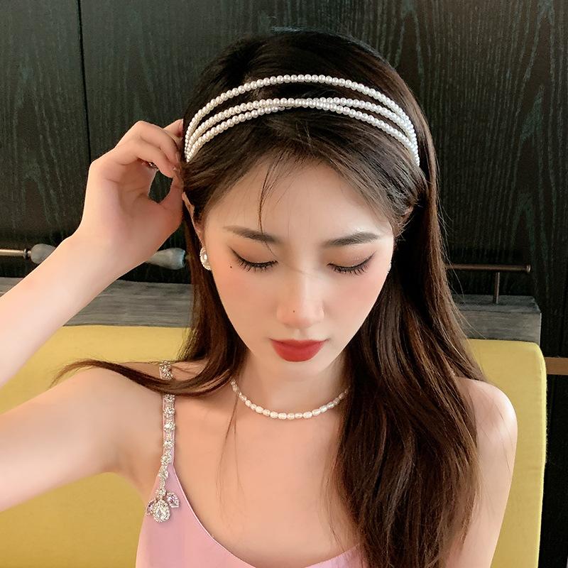 Retro Pearl Headband For Women Three Layers White Pearl Hairbands Female Simple Bezel Hair Hoop Trendy Hair Accessories 2024