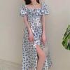Women’s Blue Floral Summer Dress with Slit, One-Shoulder, Clavicle-Highlighting French Tea Break Style