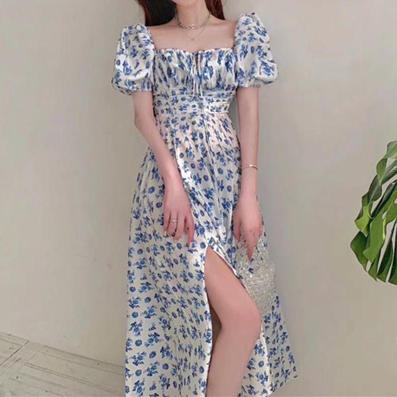 Women’s Blue Floral Summer Dress with Slit, One-Shoulder, Clavicle-Highlighting French Tea Break Style