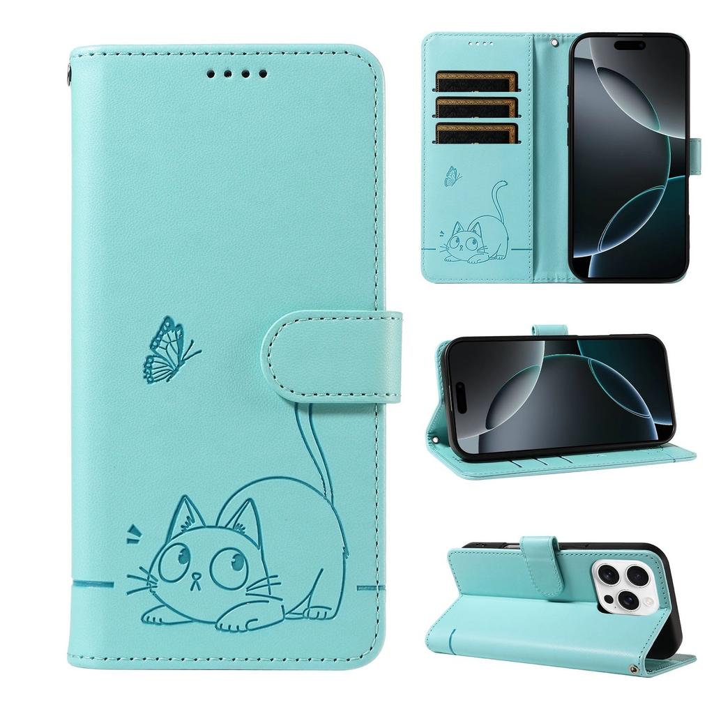 Leather Wallet Flip Case For OPPO Reno 15 Pro Max mini 15F 14 14F 13 13F 12 12F 11 11F 10 Cat and Butterfly Embossed,Wrist Strap