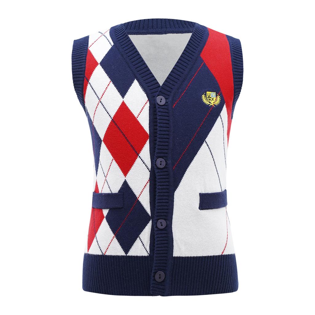 Детская стильная одежда для мальчиков без рукавов с v-образным вырезом и ромбовидным принтом, вязаный жилет на пуговицах, топ