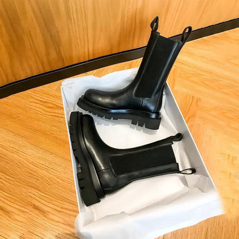 Классические ботинки челси, женские черные ботильоны, осенне-зимняя обувь, короткие ботинки на платформе из натуральной кожи, без шнуровки на резинке