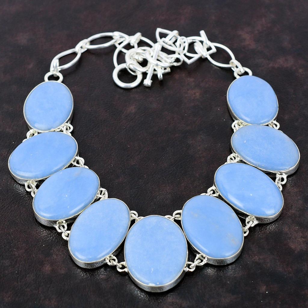 Ожерелье из ангелита Достойные ювелирные изделия из драгоценных камней Ожерелье из стерлингового серебра 925 пробы Регулируемая цепочка Ожерелье Ювелирные изделия ручной работы Ожерелье в стиле бохо Подарок для мамы