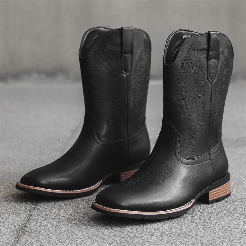 881 Cowboy Boots Men Embroidered Western Knee High Square Toe Low Heel Plus Size 39-47