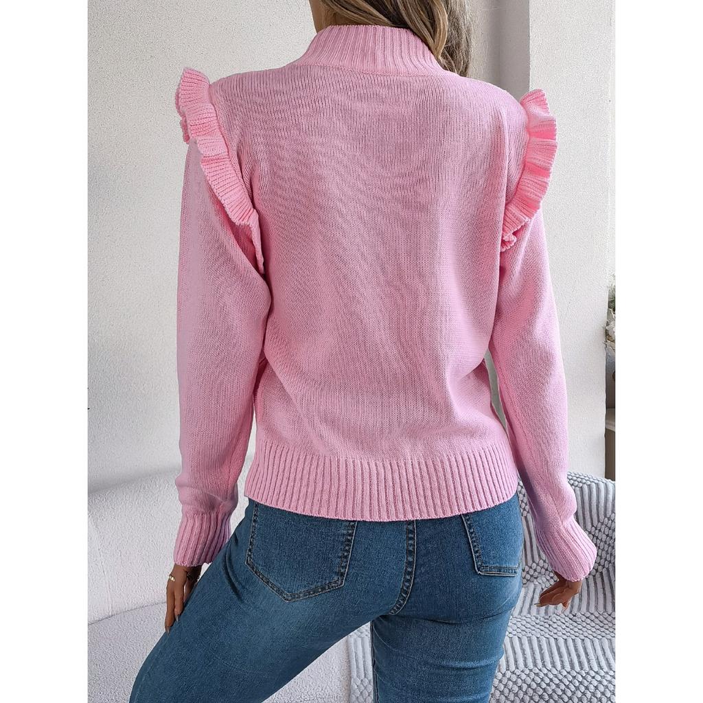 QICED Осенне-зимний однотонный черный пуловер с длинными рукавами, воротником-стойкой и отделкой ушей для женщин