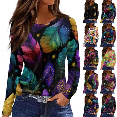 Женская модная повседневная футболка с длинным рукавом, разрезом по подолу и принтом в карнавальном стиле