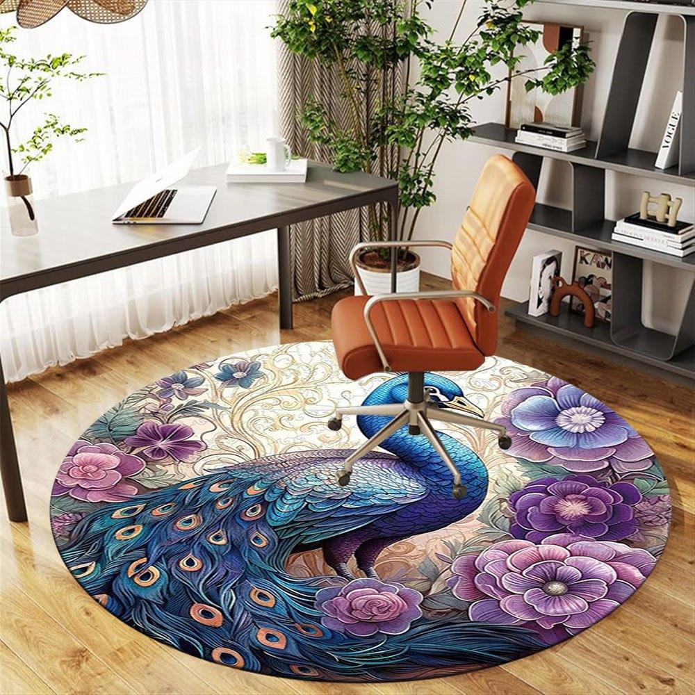 Peacock Floral Round Wall Art DecorRound Non-Slip chair mat chair carpet for office Rugs for Office Decor Gift For Valentine's Day Mother's Day Hallow