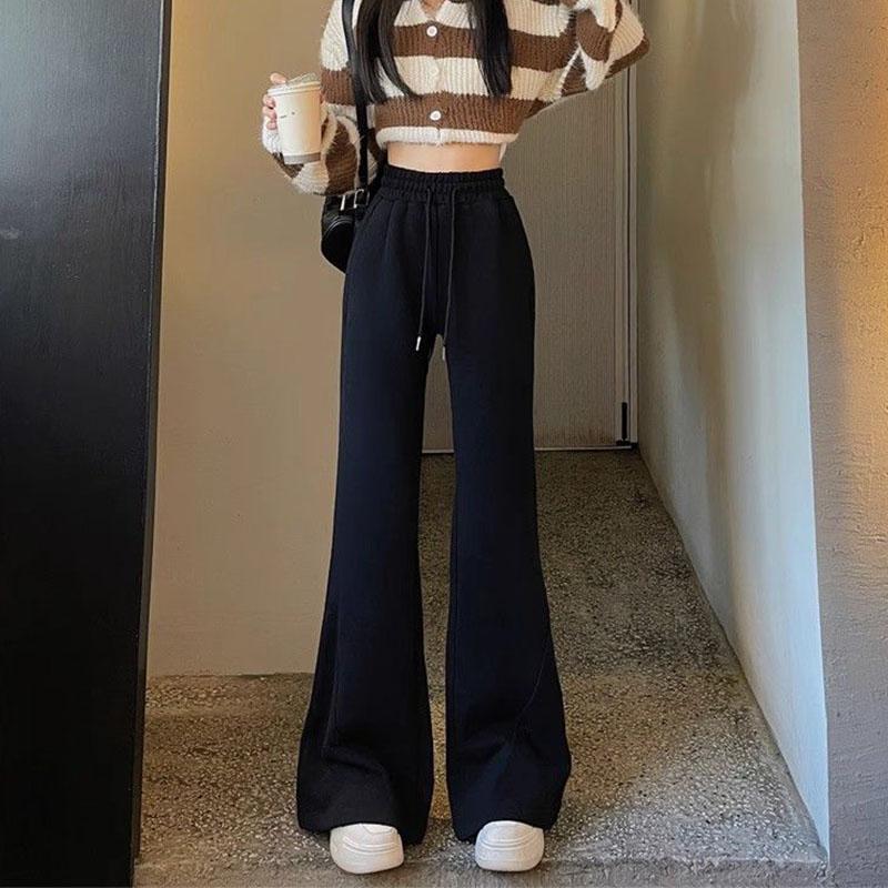 Корейский стиль, модные флисовые спортивные штаны, женские серые брюки-клеш Y2K, винтажные зимние теплые толстые брюки большого размера, широкие брюки для бега