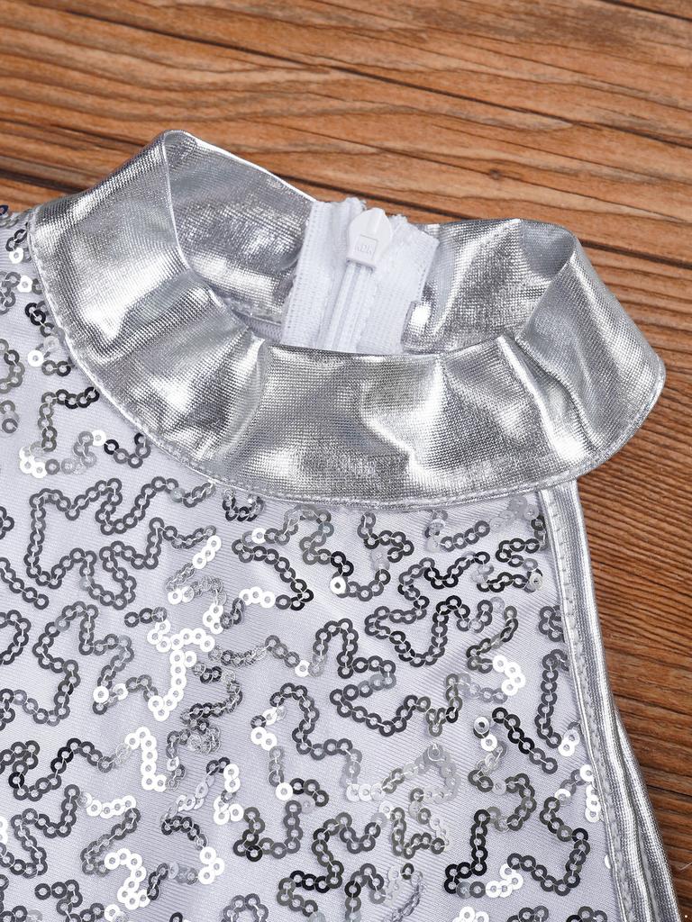 Kids Girls Single Long Sleeve Gymnastics Leotard Sequins Ballet Dance Unitards Short Jumpsuit