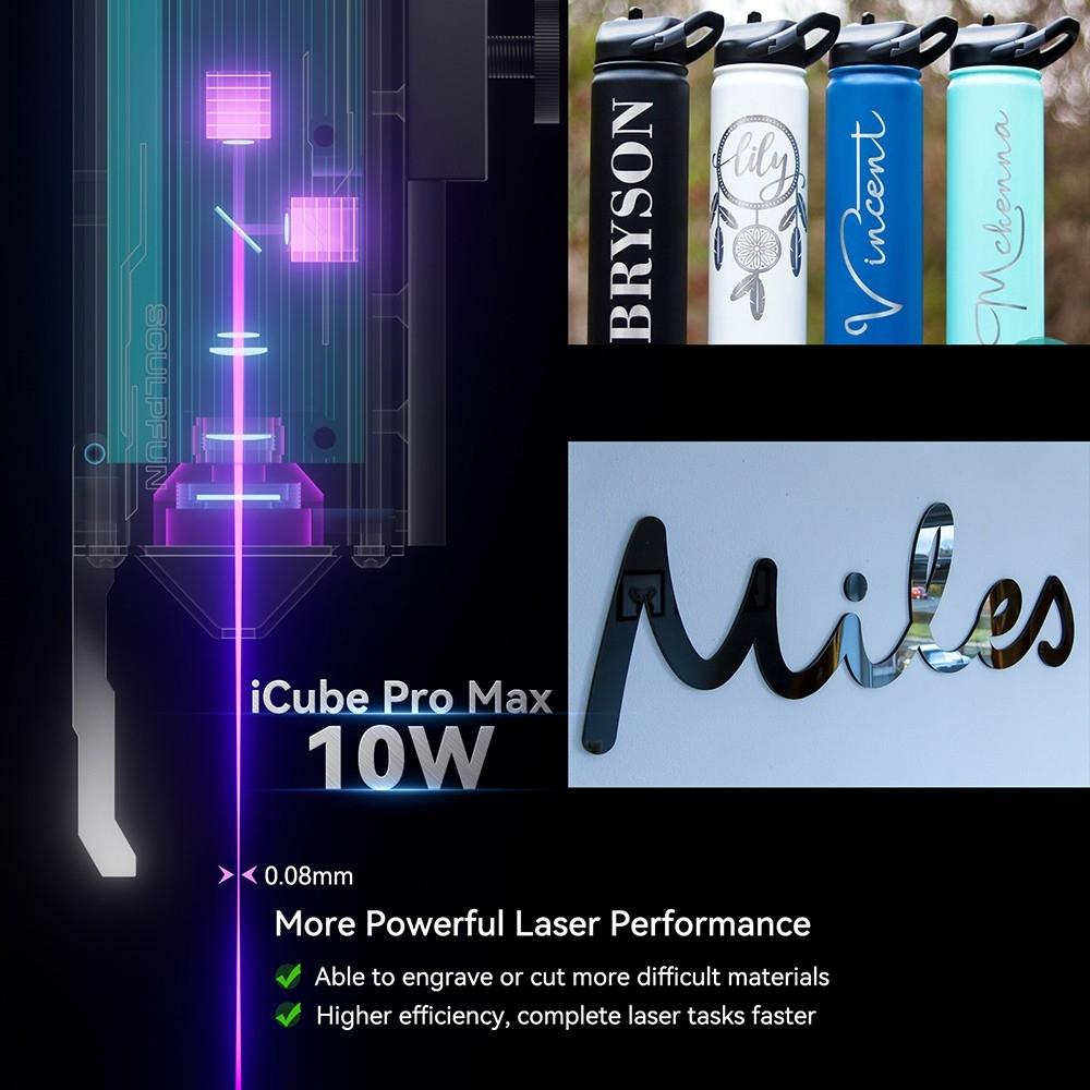 Sculpfun iCube Pro Max 10W Laser Engraver, 0.08mm Laser Spot, 10000mm/min Engraving Speed, 120x120mm