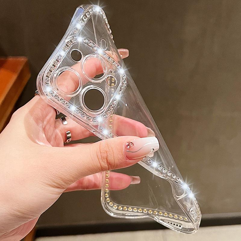 Bowknot Pattern Clear Silicone Phone Case For iPhone 16E 16 Pro Max 15 Pro 14 13 12 11 Diamond Frame Shockproof Soft Bumper Cover