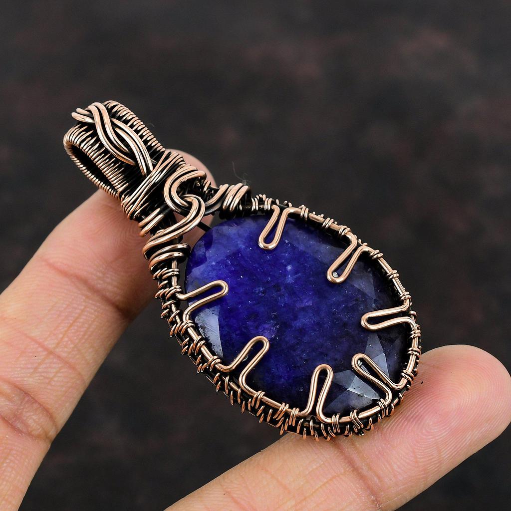 Faceted Blue Sapphire Pendant Copper Wire Wrapped Gemstone Pendant Copper Jewelry Handmade Pendant Designer Jewelry For Gift Stylish Pendant