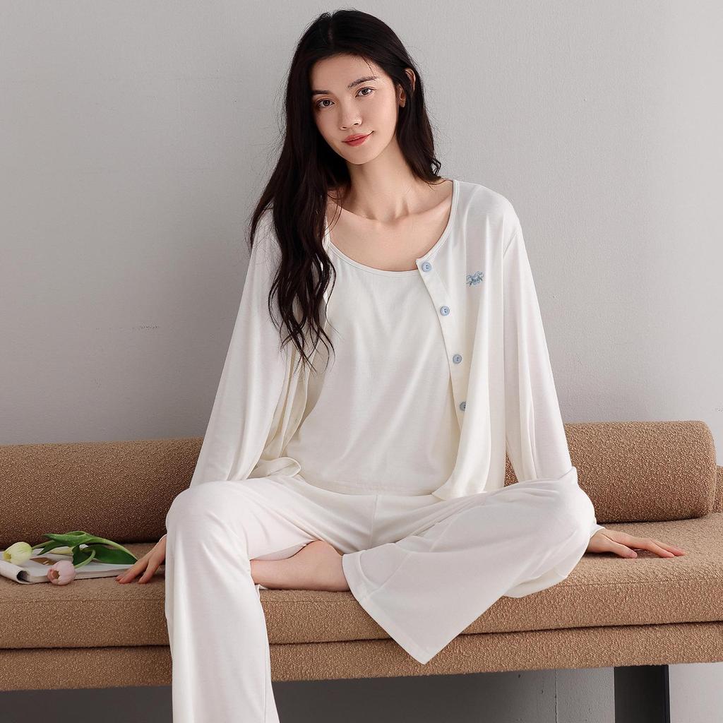 Women's Antibacterial U-Knit Pajama Set: Camisole, Long Sleeve Top, Long Pants - Spring & Autumn Casual Homewear 3-Piece