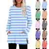 Women's Striped Printed Round-neck Long-sleeved Top With Pockets And Side Slits