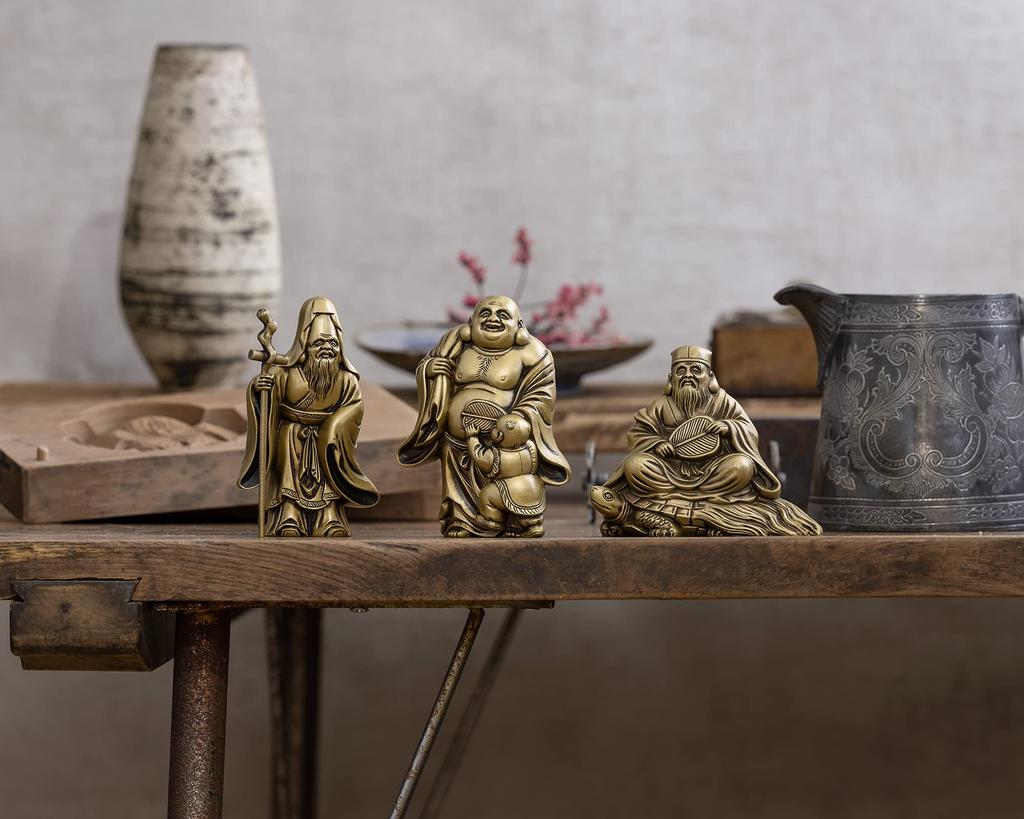 One of the Seven Lucky Gods, Jurojin, Silky Gold. Sculptor: Shuun Makita. Original: Antique Gold. Buddhist Statue. Takaoka Bronzeware (Jurojin 7F).