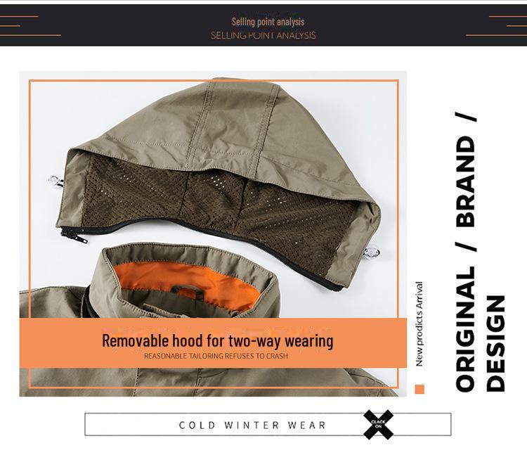 Мужская куртка средней длины с капюшоном для активного отдыха - осень/зима, плюс бархат, множество карманов, свободный крой