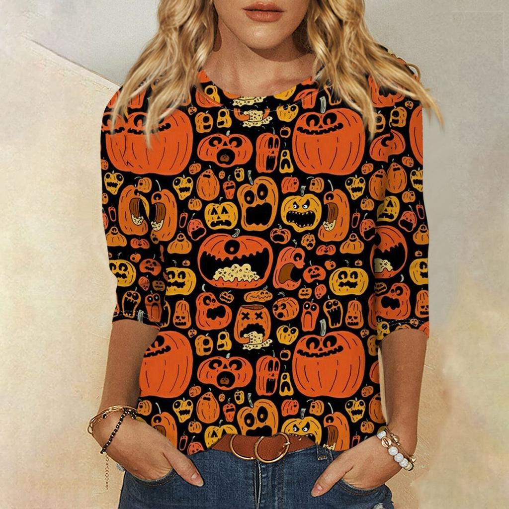 Женская модная повседневная свободная футболка с круглым вырезом и рукавами 3/4 на Хэллоуин, женский топ