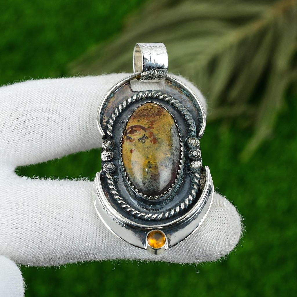 Natural Polychrome Jasper Gemstone Pendant Green 925 Sterling Silver Jewelry