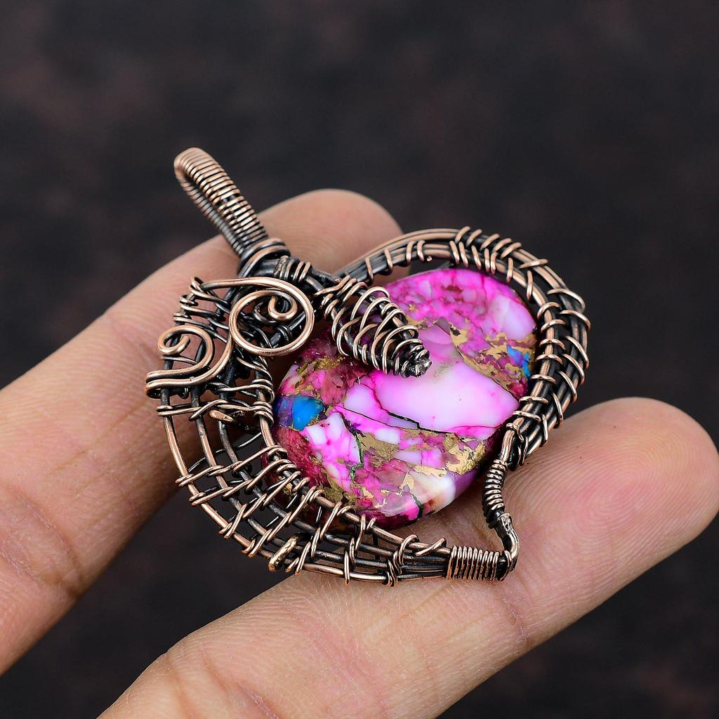 Натуральный Кингман Розовый Георгин Бирюзовый Кулон Кулон, обмотанный медной проволокой Кулон ручной работы Проволочные украшения Подарок для него Драгоценный камень Медные украшения