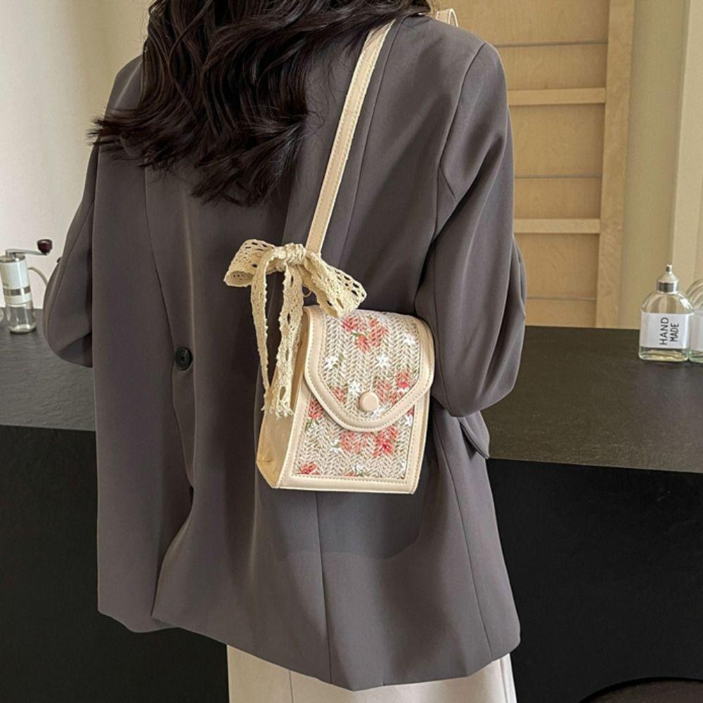 Flower Pattern Straw Crossbody Bag Small Cute Summer Bag Sweet Lovely Woven Handbag Shopping