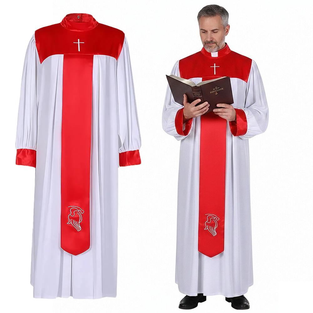 Halloween Priest Cosplay Costume Monk Church Medieval Priest Robe Printed Stand-up Collar Minister Clergy Stage Performance Robe