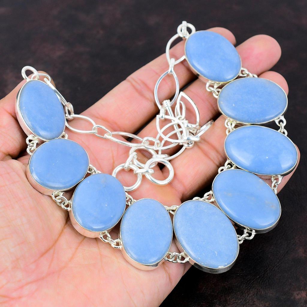 Ожерелье из ангелита Достойные ювелирные изделия из драгоценных камней Ожерелье из стерлингового серебра 925 пробы Регулируемая цепочка Ожерелье Ювелирные изделия ручной работы Ожерелье в стиле бохо Подарок для мамы