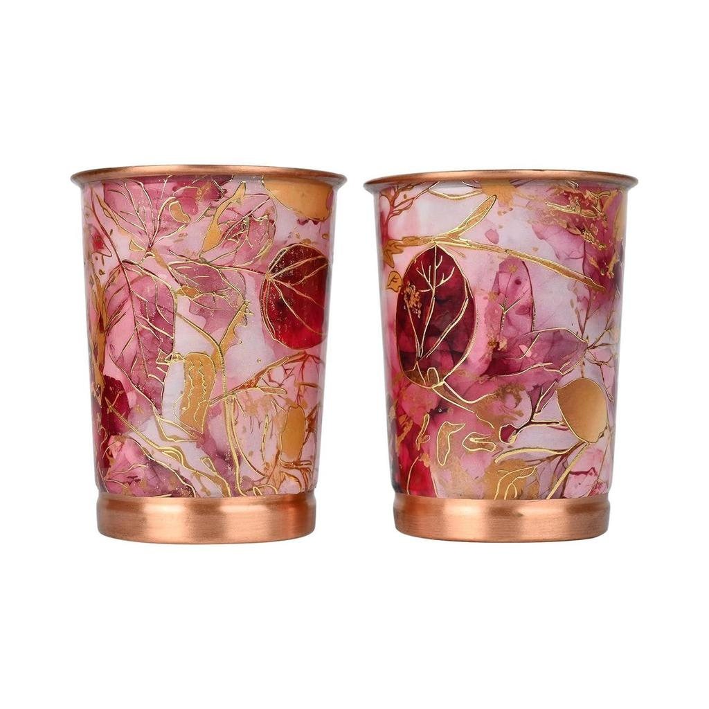 Copper Printed Design 250ML Water Glass with Rust Proof for Home and Office Use Ayurveda and Yoga Health Benefits Glass Set of 6 (Pink Gold)