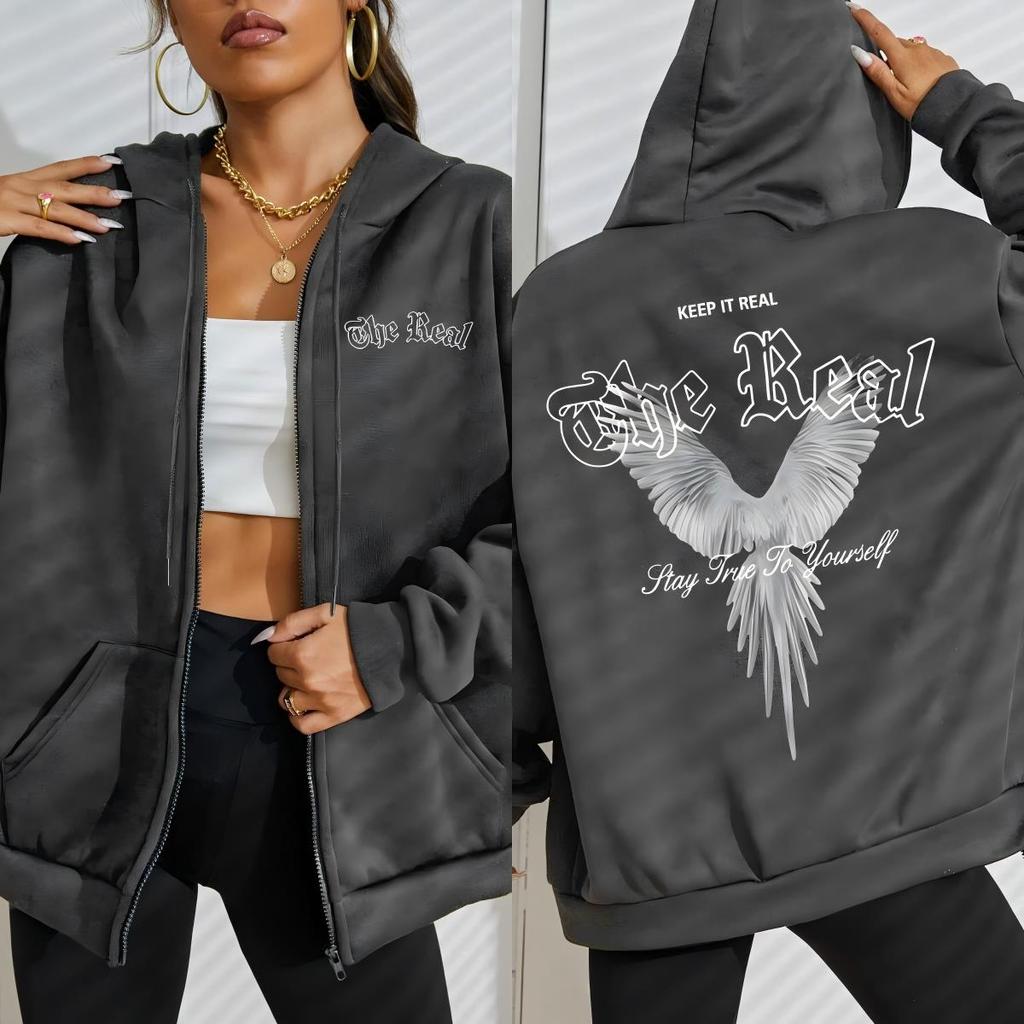 Keep It The Real Wings Creative Printing Zipper Hoodie Women Autumn Loose Hoody Casual Fleece Sportswear Clothing