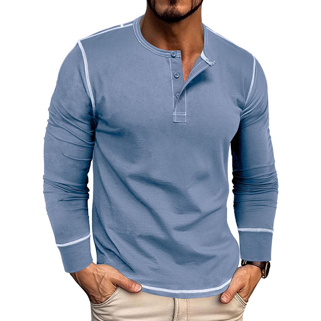 Men's Long Sleeve Shirt Men's Round Neck Button T-Shirt Color Block Top