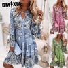 Women Fashion Bohemian Floral Print V Neck Mini Dresses Casual Loose Elegant Ladies Beach Party Flare Sleeve Dress