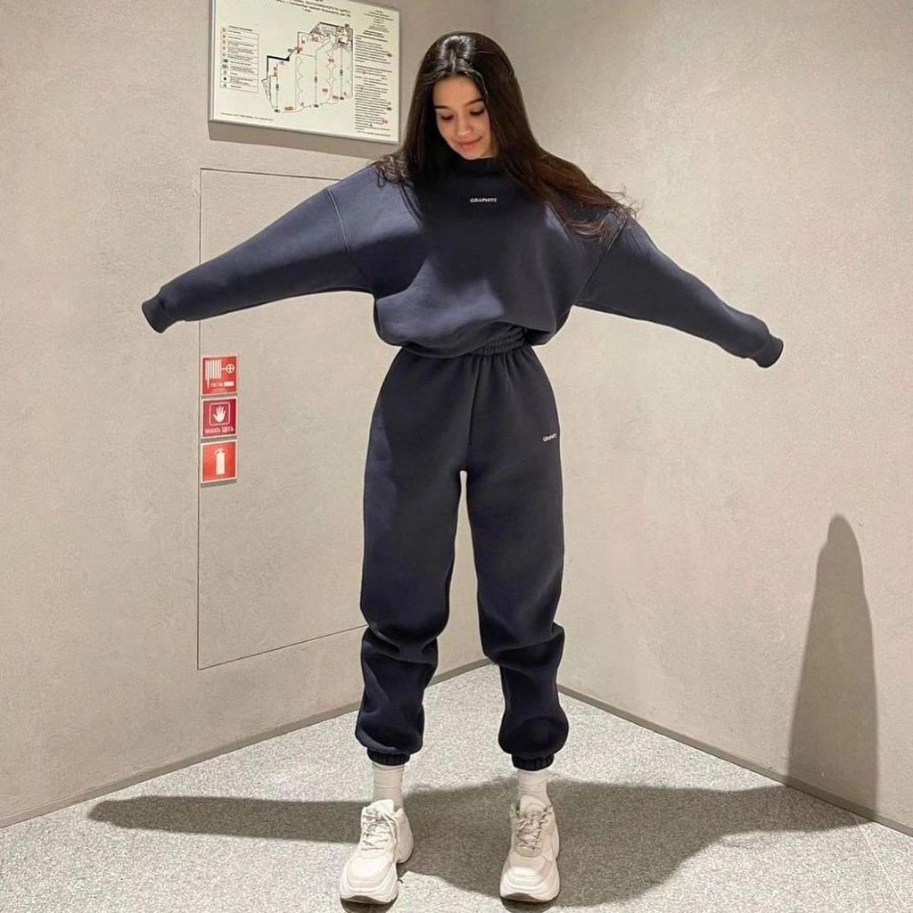 Женский однотонный костюм с длинным рукавом и круглым вырезом, осенне-зимний свободный верх, широкие брюки