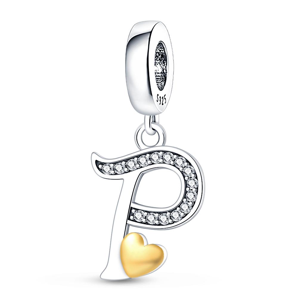 Fit 3mm 925 Bracelets 925 Silver Color 26 Gold Heart Zircon Letter Charms Beads DIY Creative Birthday Jewelry Gifts