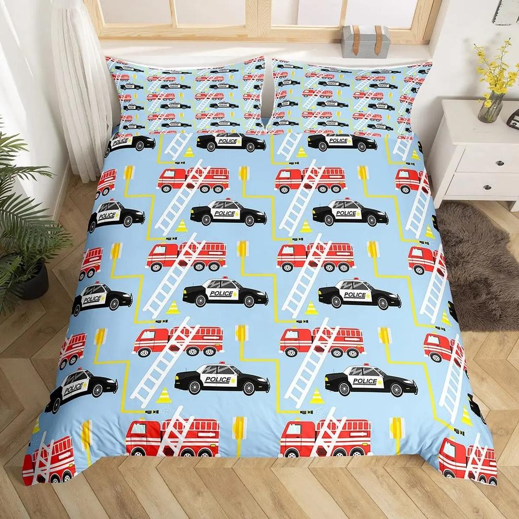 Police Car Duvet Cover Set King Queen Size Polyester Quilt Cover Cartoon Car Pattern For Kids Teens Bedding Set With Pillowcase