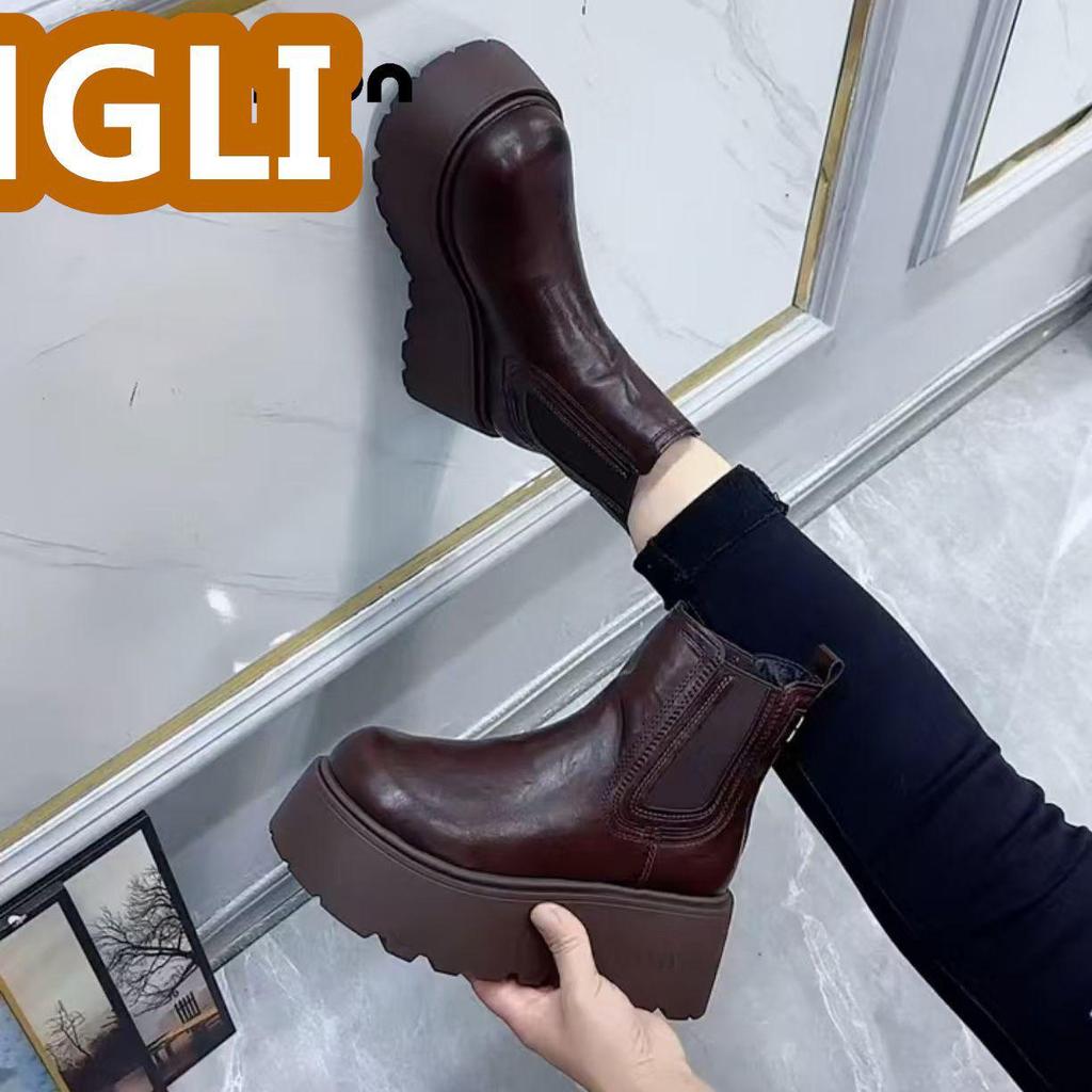 Women's Fleece-lined Slip-on Chelsea Boots: Thick-soled, Height-increasing Martin Style for 2025 Autumn/Winter