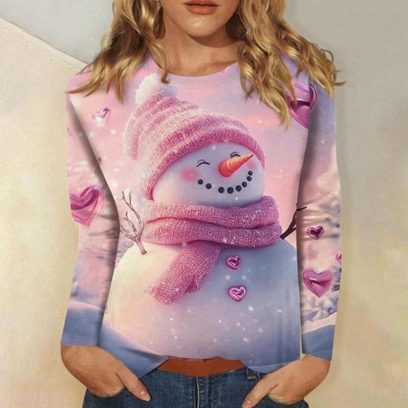 Рождественская женская толстовка с круглым вырезом и длинным рукавом, свободная, повседневная, с принтом рождественского снеговика