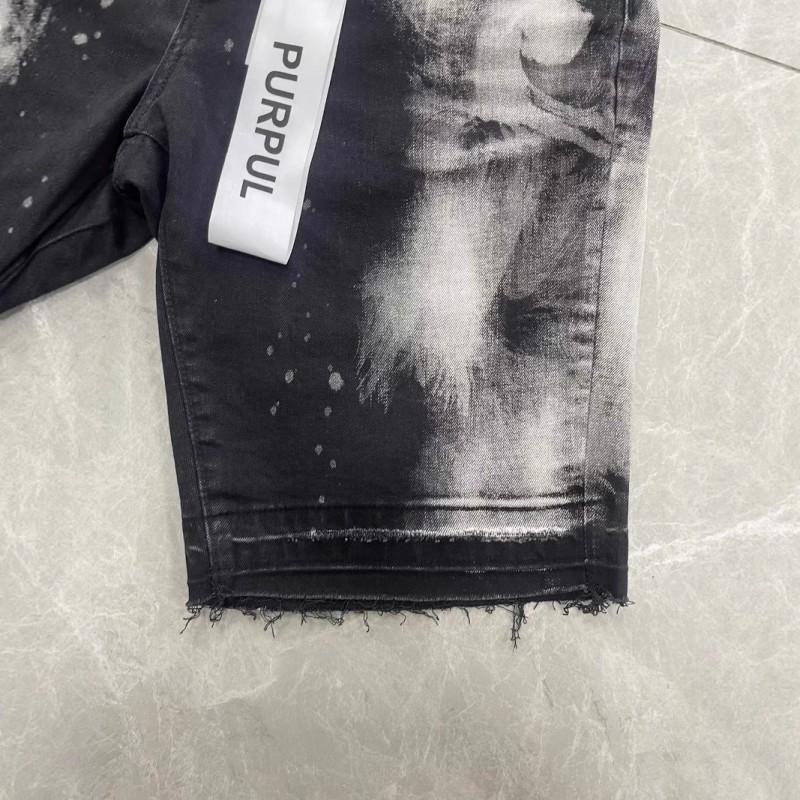 Mens High Street Denim Shorts Black Side P Stretch PU Splatter Print Casual Straight Fit