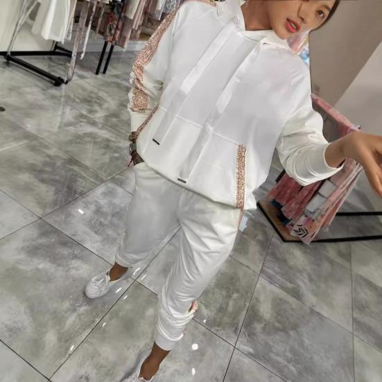 2 Pcs/Set Women Hoodie Pants Suit Long Sleeves with Sequined Pocket Solid Color Top Elastic Waist Trousers Daily Wear Sport Outfit Fall Spring