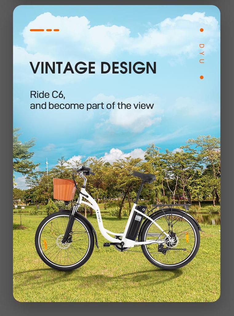 DYU C6 36V 350W Electric Bike - 80km Pedal Assist, Steel Frame & 26" Wheels for Long-Range Commuting